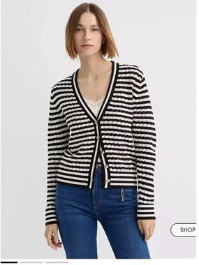 NWT $80 LOFT Petites Striped V-Neck Cardigan Sweater sz XSP white black